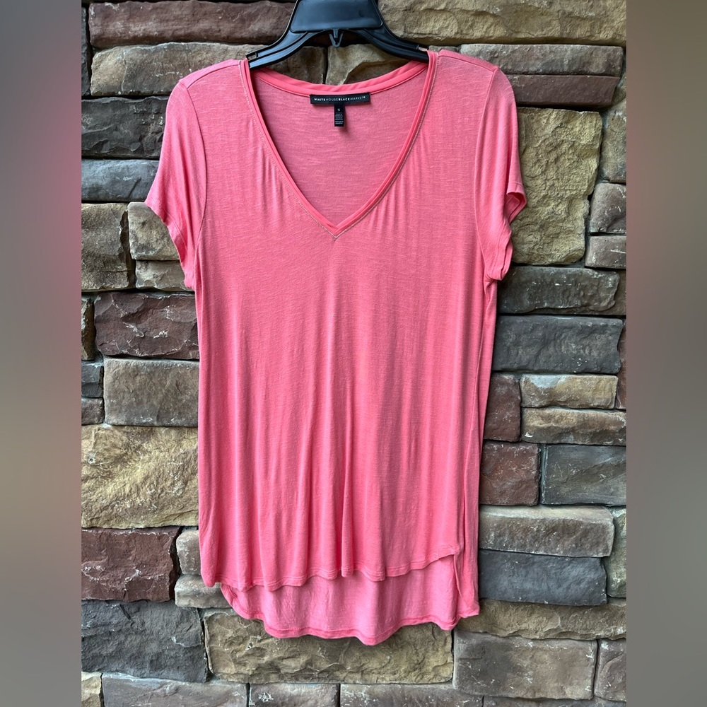 WHBM Coral T with silver metallic stitch & trim at neck